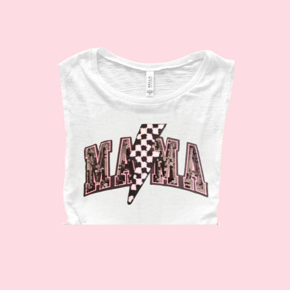 Mama Checkered Lightning Bolt Chenille Sequin Patch